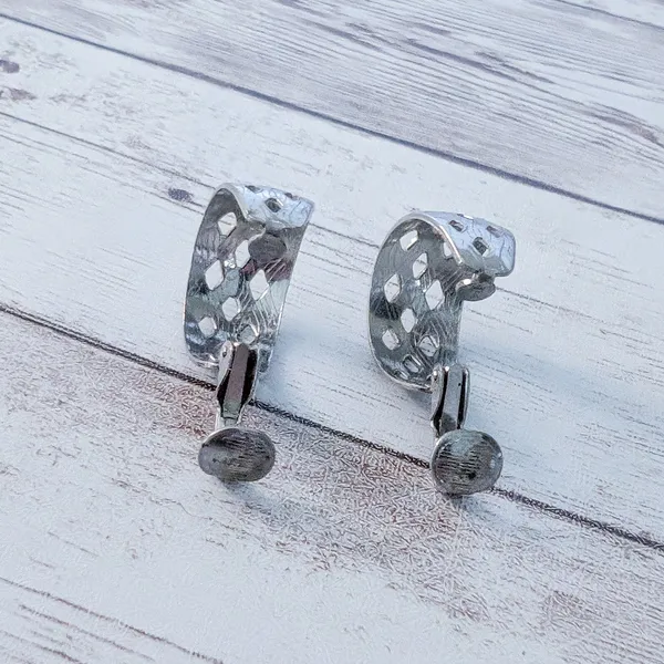 Vintage Clip On Earrings Silver Tone Cut Out Design Hoops with Pattern - Image 6