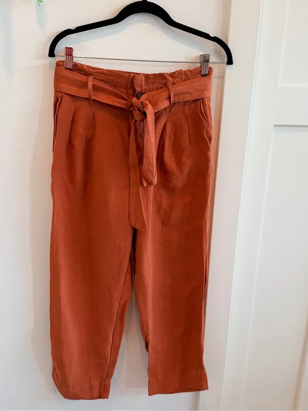 Madewell Cropped Linen Blend Paperbag Waist Pants - Rust Orange Size 2 - Image 3