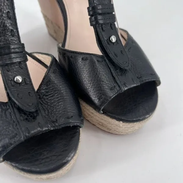 Coach Gala Black Leather Wedges Espadrille Wood Size 10 Peep toe T Strap Sandals - Image 8