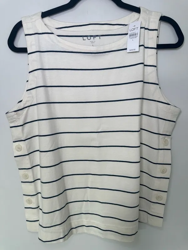 NWT 100% Cotton Loft Striped Tank Top Size L White Blue Side Button Sleeveless - Image 4