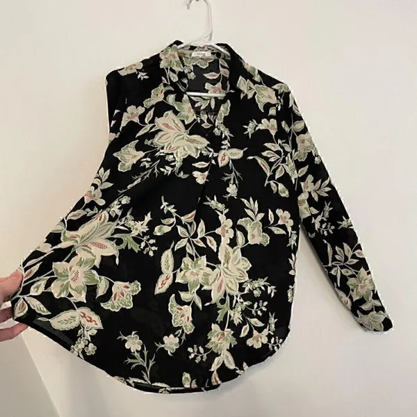 MAURICES Atwood Pleated Floral Blouse Black Cream Beige Long Sleeve Work Office - Image 7