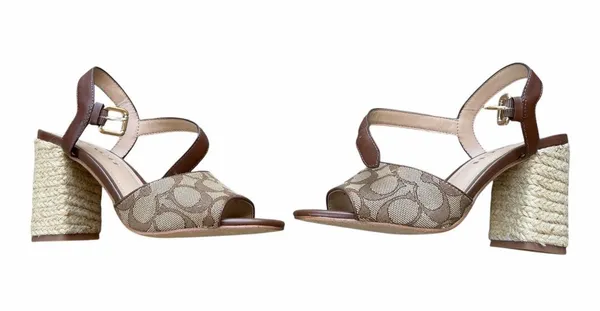 NEW Coach Logo Maddy Sandal Khaki Saddle Summer Woven Block Heel $198.00 Tan - Image 4