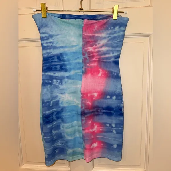 REVOLVE Morgan Strapless Blue and Pink Tie-Dye Mini Dress - Image 5