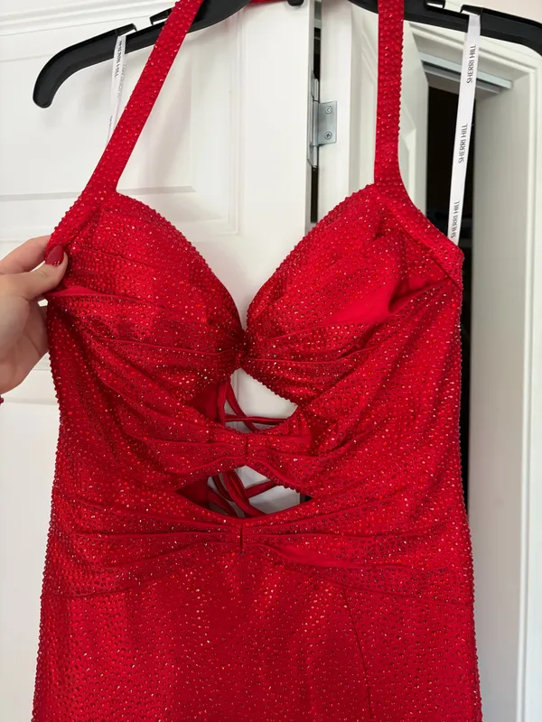 Sherri Hill Red Prom dress halter bedazzled - Image 3
