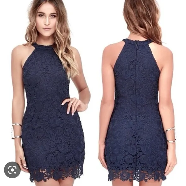 NEW Lulus Love Poem Navy Blue Lace Bodycon Halter Dress - Image 2