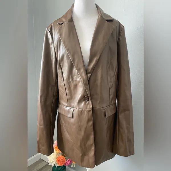 Remi x Revolve Chocolate Brown Vegan Leather Blazer Single Button Oversized Fit - Image 2