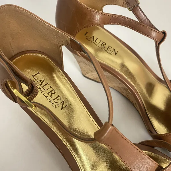 Lauren Ralph Lauren Wedge Sandals Women 10B T Strap Harleen Leather‎ Cork Heels - Image 3