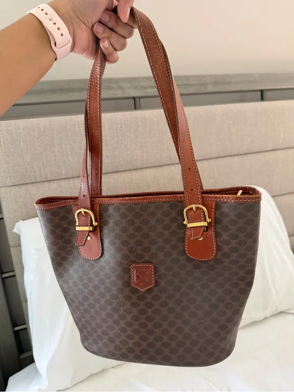 Celine Macadam Triomphe Vintage Tote Bucket Bag Brown Coated Canvas Purse - Image 2