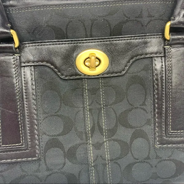 Coach Signature Hampton Black Monogram Canvas Leather Handbag - Image 14