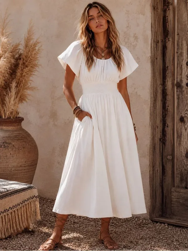 White Cotton Smocked Waist Maxi Dress with Pockets | Boutique NWT - Image 7