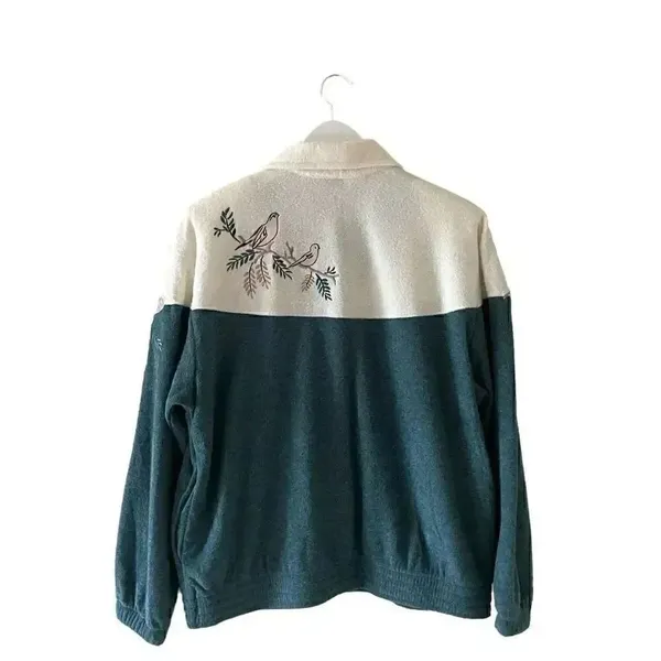 Vintage Teddi Cabin Fever Women's Fleece Novelty Print Teal Embroidered Birds M - Image 7