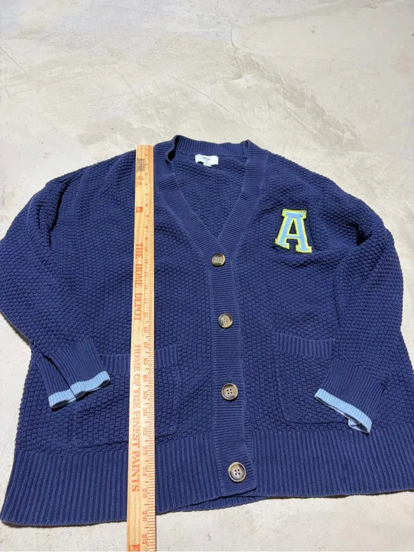 Aerie Navy Knit V‑Neck Cardigan Sweater with 'A' Patch large - Image 4