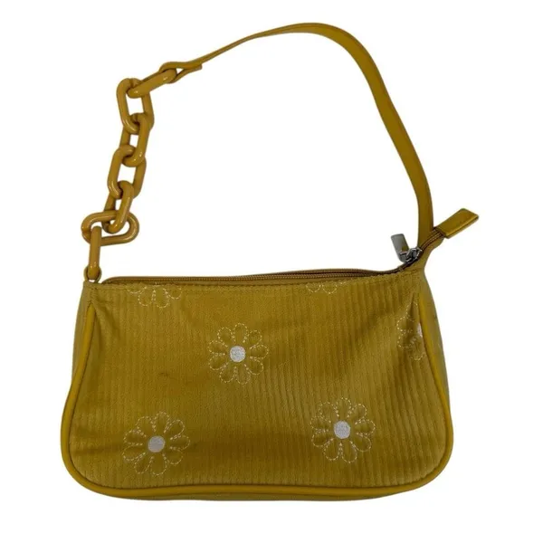 Art Class Y2K‎ Style Mini Bag Wristlet Yellow Corduroy Purse Embroidered Flowers Cottage - Image 2