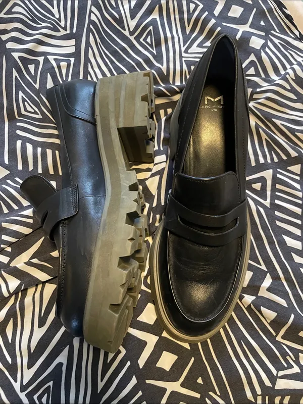 Marc Fisher Black Leather Penny Loafers with Chunky Gray Sole - Image 3