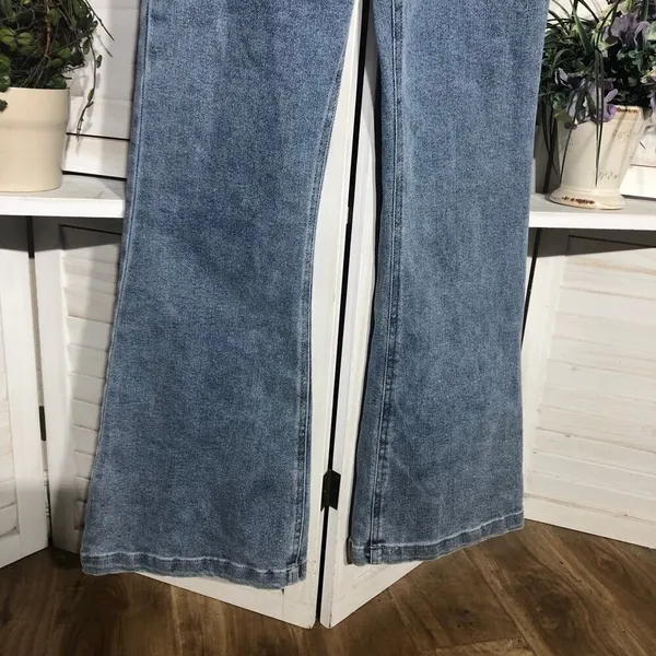 Emory Park Y2K denim jumpsuit bell-bottoms blue zip sexy fitted look groovy hippie boho M - Image 9