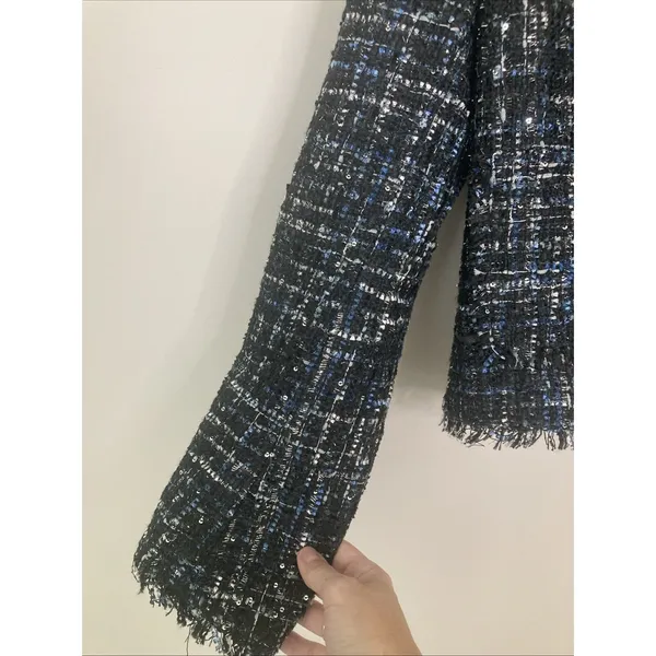Bagatelle collection Women’s Tweed Blazer New L Blue Black Fringe Pockets - Image 4