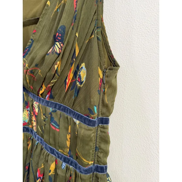 Abercrombie & Fitch Olive Green Butterfly Floral Pleated Mini Dress Womens M - Image 4