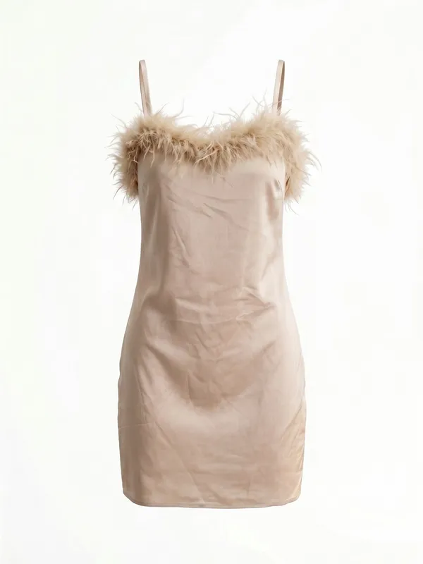 NWT Charmed Hearts Waiting All Night Satin Feather Dress Beige L - Image 2