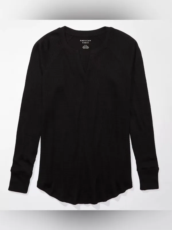 American Eagle Outfitters AE Black Long-Sleeve Waffle Plush Tee Shirt - size XL - Image 13