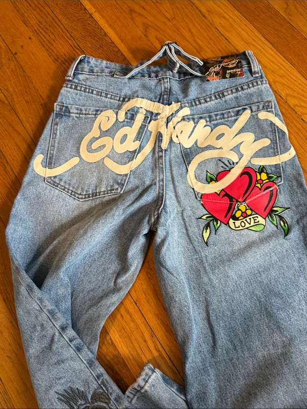 NEW Ed Hardy Light Blue Embroidered Wide Leg loose fit Women's Jeans 24 - Image 2