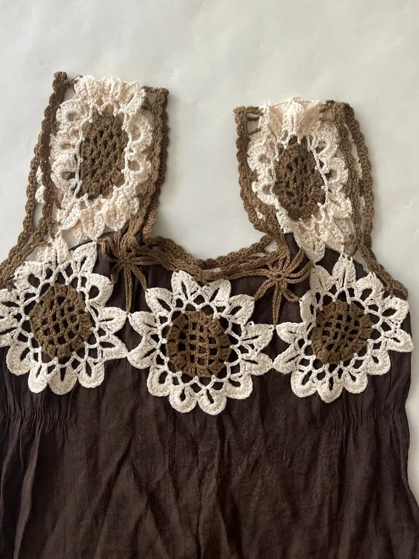 Brown Cottagecore Crochet Lace Trim 90s Vintage Brown Tiered Ruffle Tank Top M - Image 2