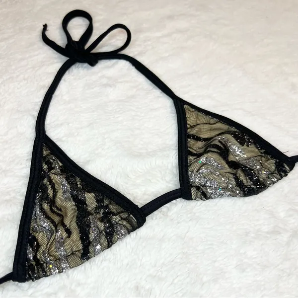 Black Mesh Silver Glitter Sequin Tiny Triangle String Bikini Top Size Small - Image 2