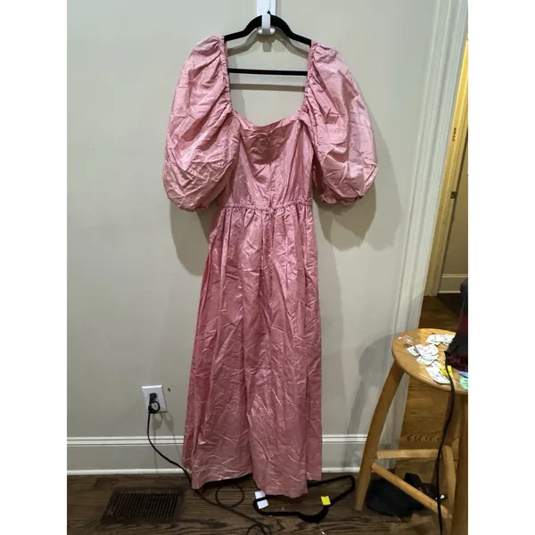 Vintage 80's Puff Sleeve Pink Taffeta Dress Square Neck Off Shoulder Handmade - Image 3