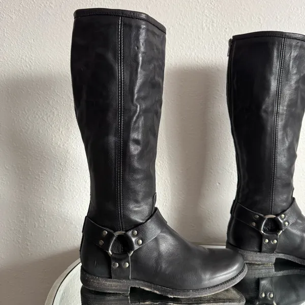 FRYE Black Leather Phillip Harness Tall Knee High Preppy Moto Riding Boots - Image 6