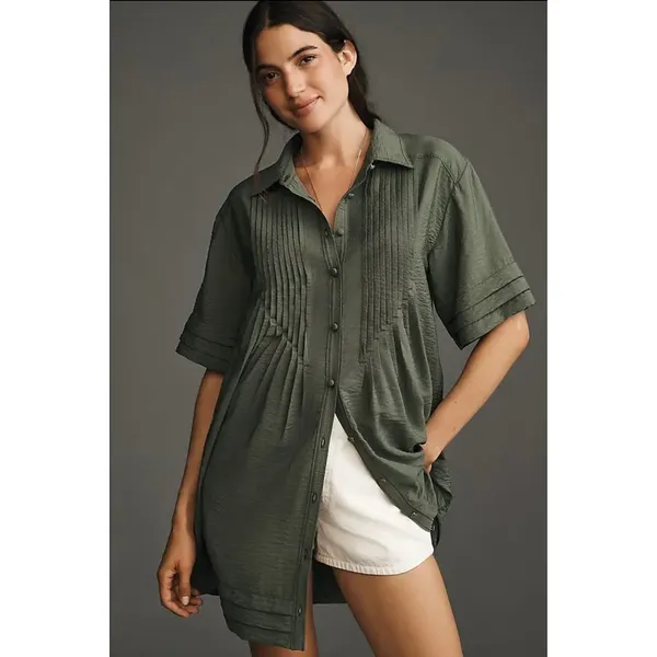 Anthropologie Pilcro Short Sleeve Pintuck Tunic Shirt Dress Olive Green Small - Image 3