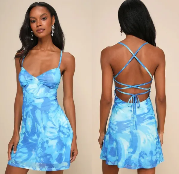 NWT Lulus Ethereal Cutie Blue Floral Abstract Mesh Lace-Up Mini Dress Size XL - Image 2