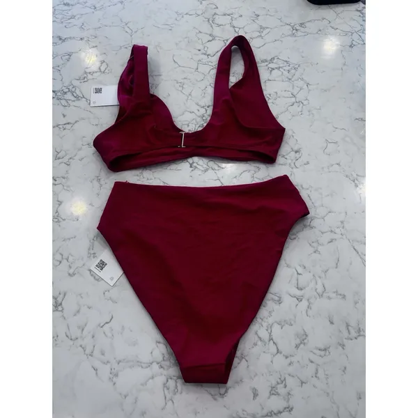 NWT Quince Cherry Red Italian Plunge Bikini Top & High Rise High Leg Bottom Lrg - Image 2