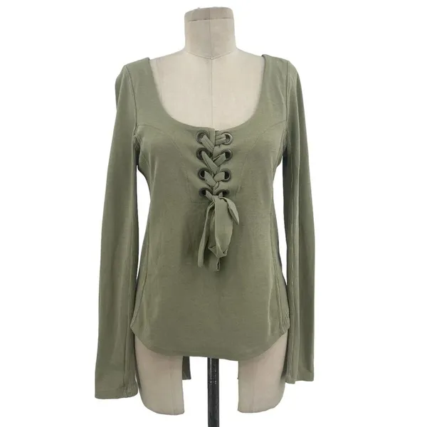 Free People Looking Back Lace-Up Top Sage Green Size Medium‎ - Image 3