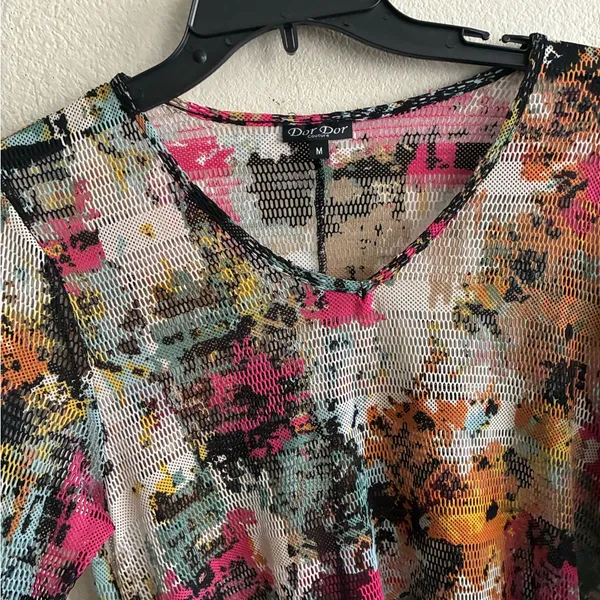 Dor Dor Couture Multicolor Abstract Sheer Mesh Hankerchief Hem Long Bell SleeveM - Image 6
