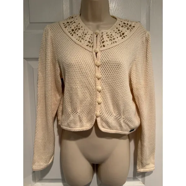 Geiger Austria Ivory Cotton Crochet Collar Cardigan‎ Sweater Cottagecore Sz 38 - Image 2