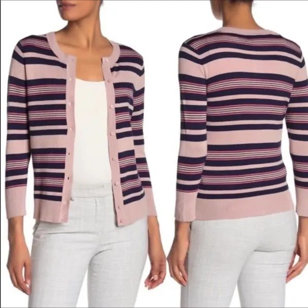 Halogen Nordstrom Stripe Crewneck Cardigan Sweater M v6x - Image 2