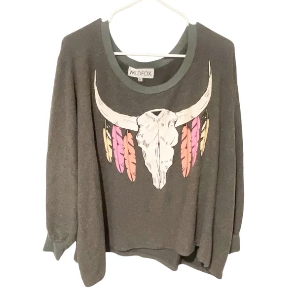 Wildfox Women's Medium Outlaw Feather‎ & Longhorn Oversized Pullover Sweater - Image 3