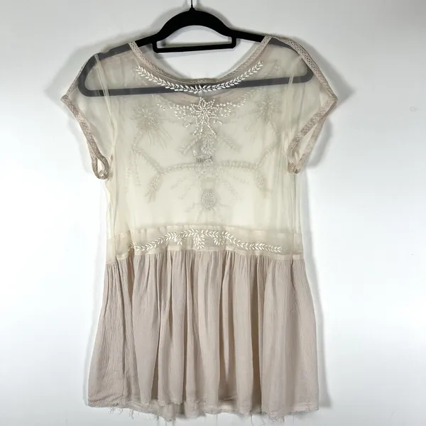 Free People Top Womens‎ Cream Sheer Beaded Mesh Boho Lace Top Size M NWT Boho - Image 9