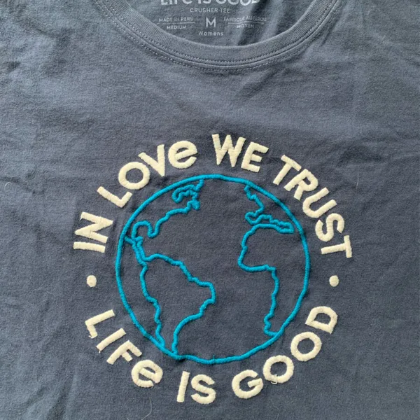 Life is Good Blue Crusher Tee with Embroidered Earth Design - Image 2