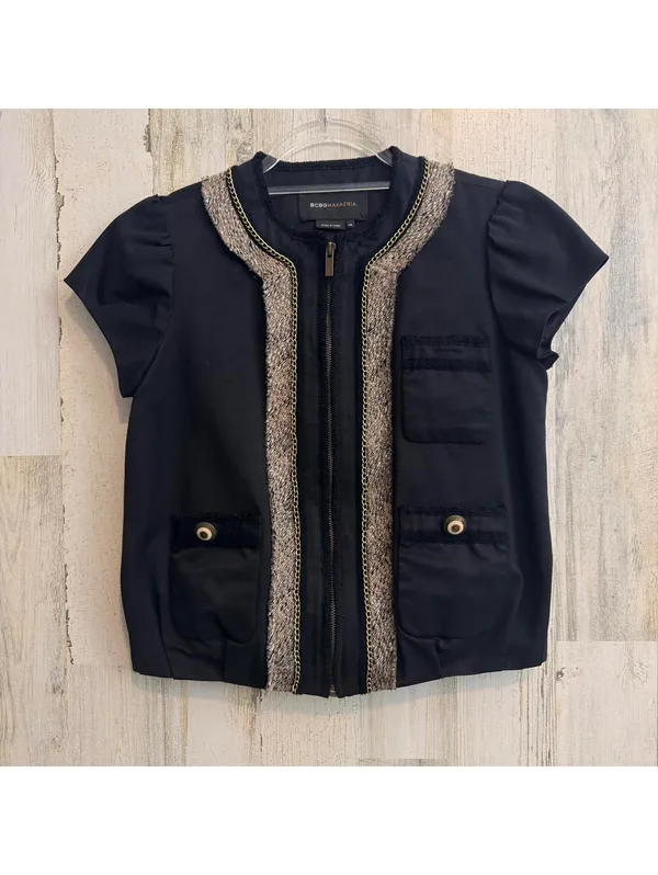 BCBG Max Azria Women’s XS Tweed Trim Jacket Top Black Gold Chain Zip - Image 2