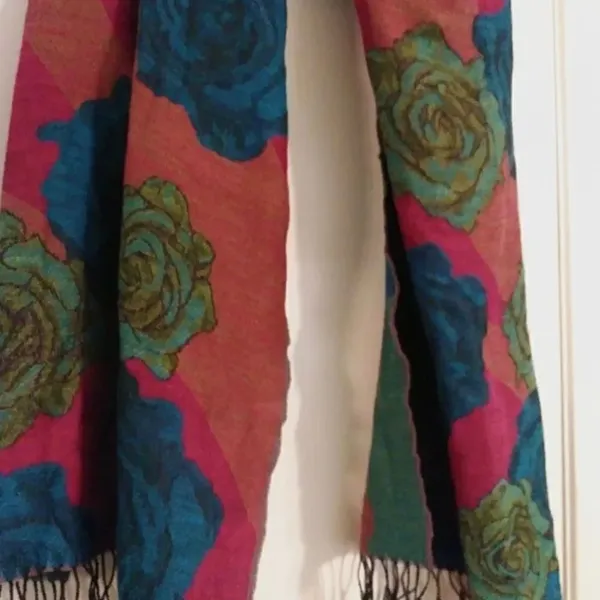 Rose Patterned Colorful Fringed Scarf/ Shawl Pink - Image 3