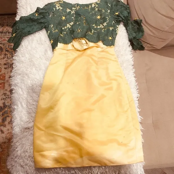 UNBRANDED Hand-Made Vintage 60s Green Lace Yellow Satin Beaded Fitted Dress XXS - Image 12