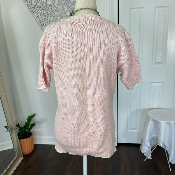 Vintage Light Blush Pink Boho Coquette Knitted Knit Shortsleeve Sweater Top M - Image 4