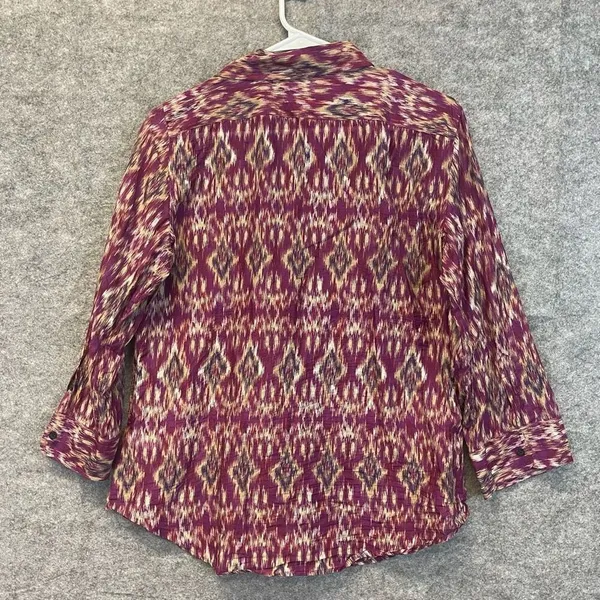 LAUREN RALPH‎ LAUREN Silk Blend Blouse Ikat Print Button Front Purple Medium Top - Image 8