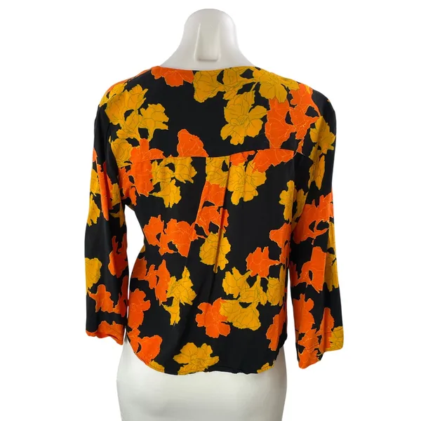 Topshop Women's Black Coral Floral Long Sleeve V Neck Wrap Blouse Top Size 6 - Image 3