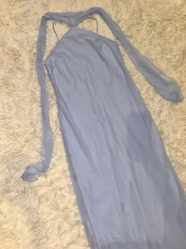 NEW Amanda Uprichard Ashton Halter Neck Chiffon Artic Blue Gown sz XL - Image 6