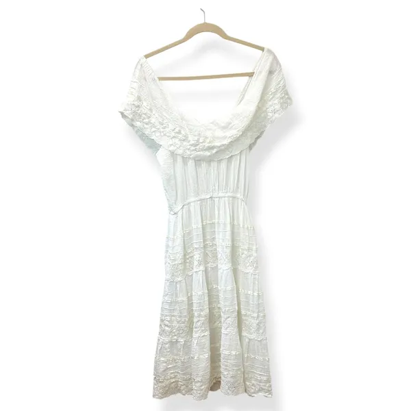 Vtg Women Off Shoulder Dress L White Small‎ Boho Cottagecore Lace Tiered Fairy - Image 3