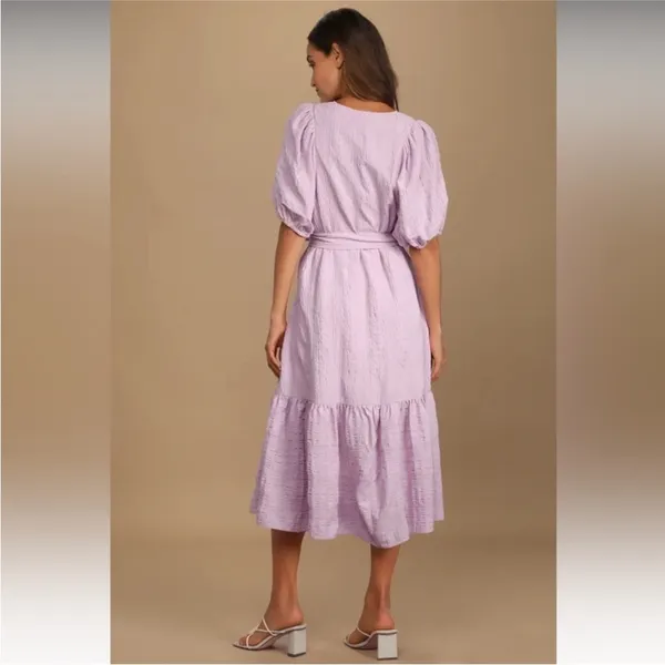 Lulu’s Sunny Love Seersucker Puff Sleeve Button Front Midi Dress Sz XL Lilac - Image 4