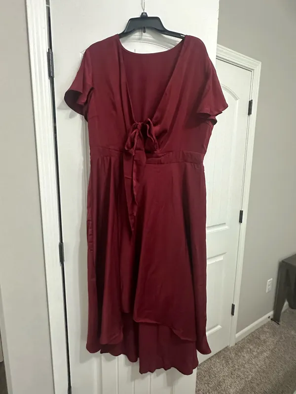 Womens Satin V Neck Ruffle Short Sleeve Tie Front High Waist Midi A-Line Maxi Dresses - Image 5
