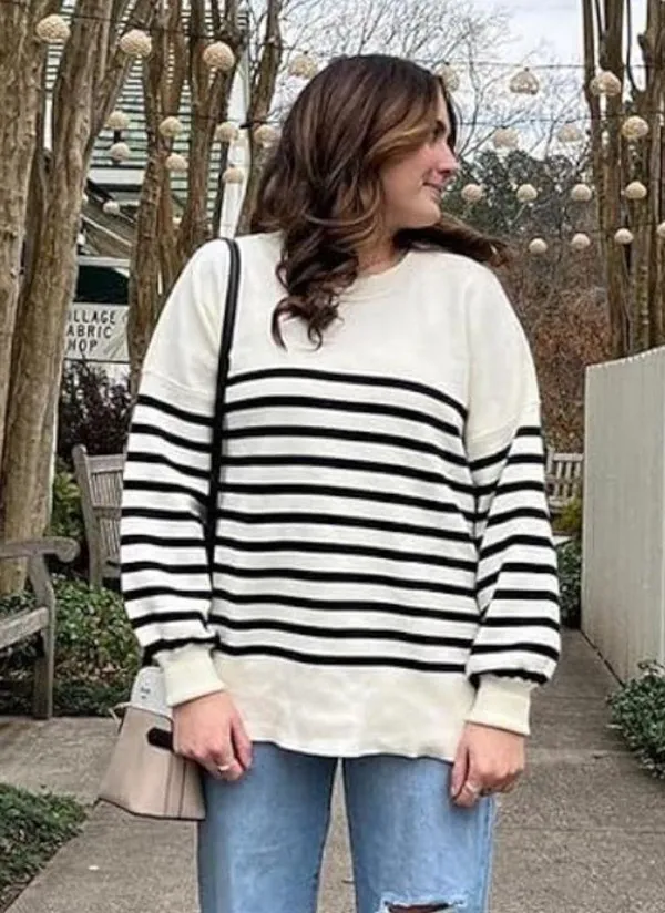 ♥️Trendy Striped Oversized Sweater♥️ ~med White - Image 7