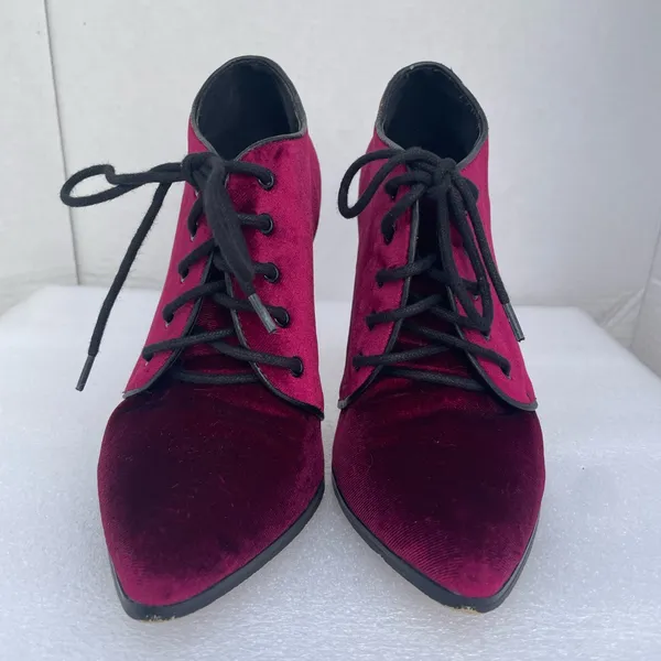 Velvet Lace-Up High Heel Booties in Burgundy - Image 2